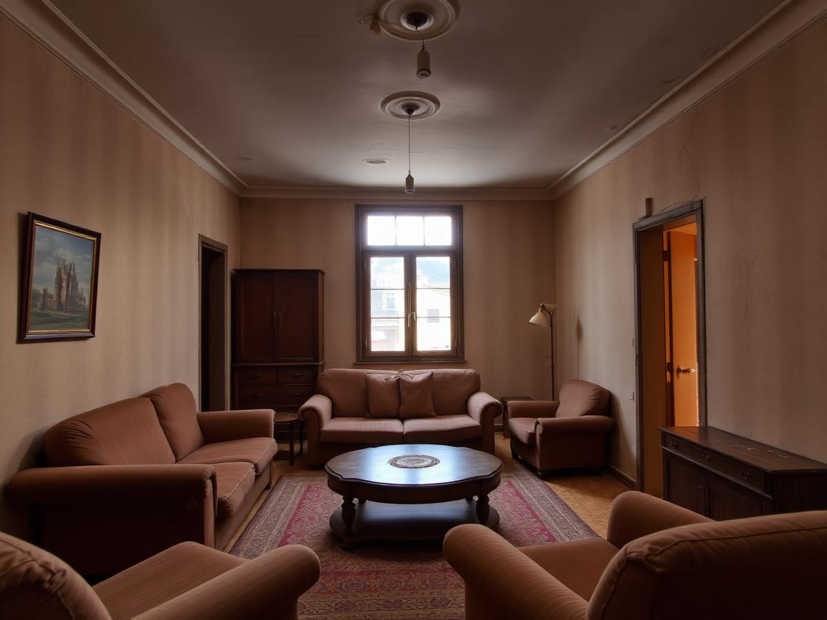 Sala escura e datada antes da remodelação