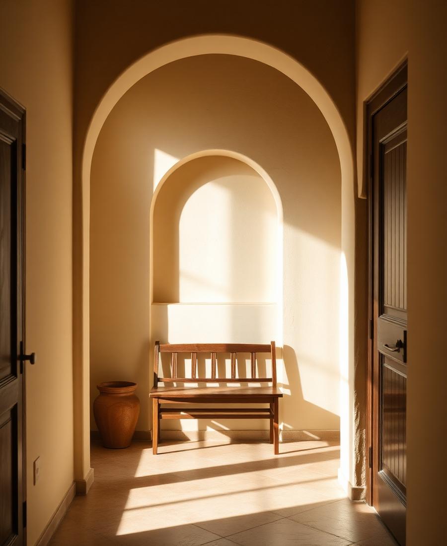 Hall de entrada com nicho em arco e banco de madeira