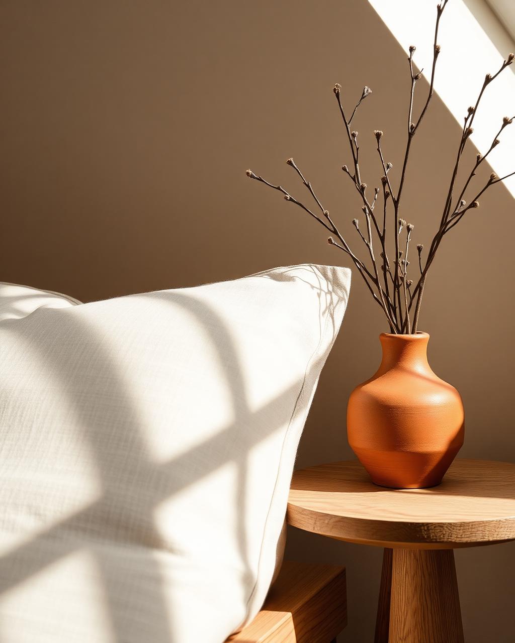 Detalhe de interior com almofada de linho, mesa de carvalho e jarra de terracota